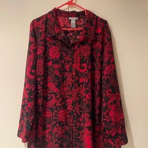Catherines Vibrant Red and Black Floral Button Down Shirt